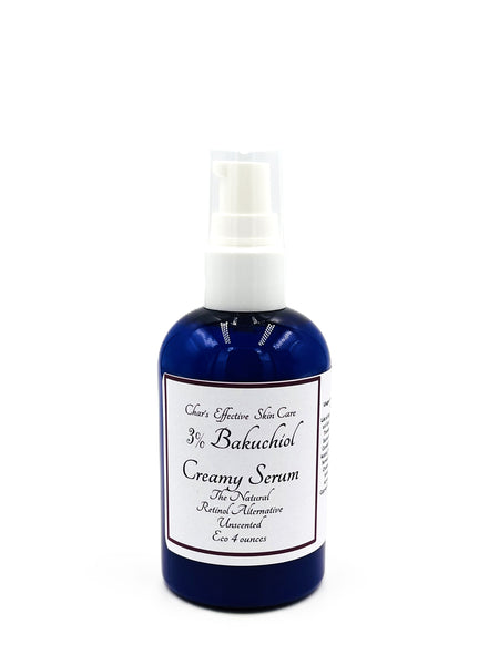 3% Creamy Bakuchiol Serum (Unscented Option)/4oz Eco Size/The Natural Retinol Alternative/4oz Blue Bottle with White Treatment Pump top/Char's Effective Skincare