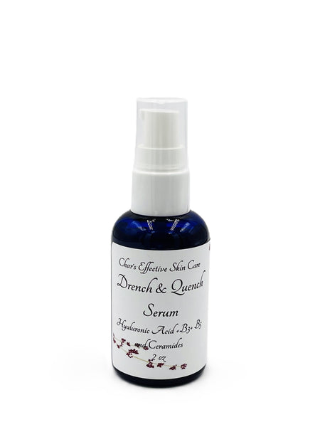 Drench & Quench Hyaluronic Serum +Ceramides+B3+B5 (2oz Size)/ Blue Bottle with Treatment Pump/2oz Size/For All Skin Types/Oil-Free Hydration/Additional Antioxidant Botanicals/Char's Effective Skin Care