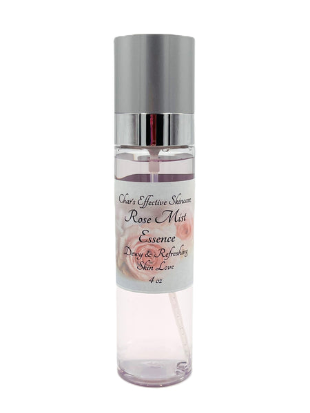 Rose Mist Essence/ 4oz tall bottle with silver misting top/Organic Rose Hydrosol/Aloe/Hyaluronic Acid/Char's Effectives