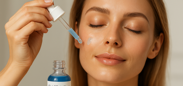 A beautiful woman applying Char's Effective Skincare Copper Tripeptide Serum with lighter blue serum