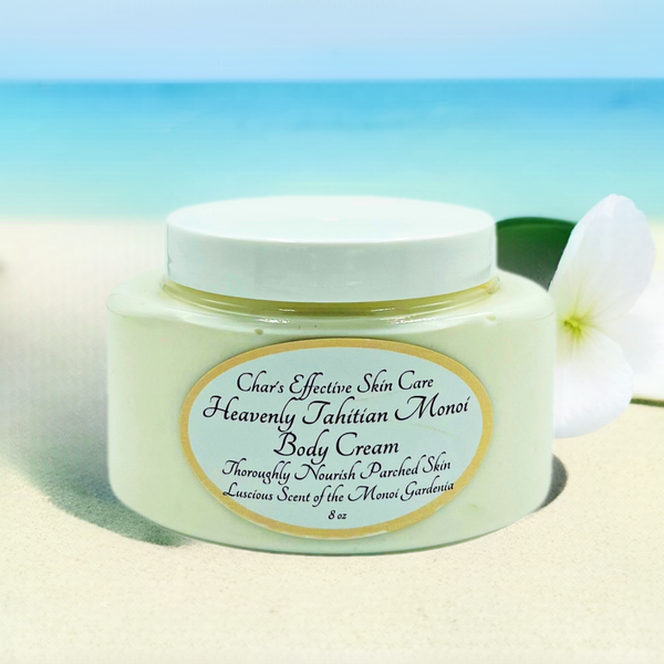 Heavenly Tahitian Monoi Body Cream/ 8 oz Clear Jar with white top in ocean beach scene with Gardenia flowers/ Rich and Silky Body Cream made from the Polynesian tradition of Monoi coconut oil with the natural steeping of Tiare Gardenias /Char's Effectives