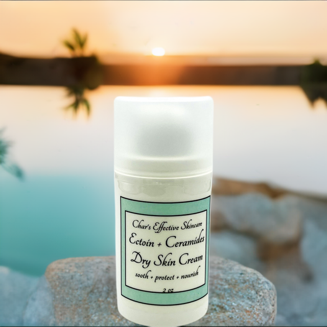 Ectoin + Ceramides Dry Skin Cream/ 2 0z White Airless Pump Bottle with scenic sunset oasis background/ Sooth, protects and nourishes severely dry skin/Char's Effectives Skincare