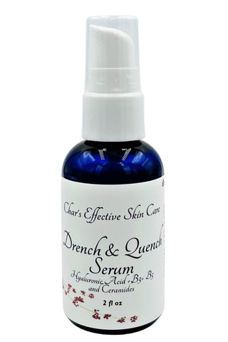 Drench & Quench Hyaluronic Serum +Ceramides+B3+B5 (2oz Size)/ Blue Bottle with Treatment Pump/2oz Size/For All Skin Types/Oil-Free Hydration/Additional Antioxidant Botanicals/Char's Effective Skin Care