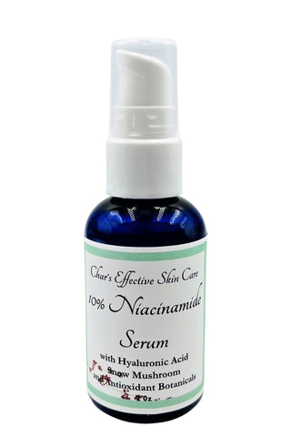10% Niacinamide Serum/with Hyaluronic and Antioxidant Botanicals/For All Skin Types, Anti-aging, Shrinking Pores/2oz Blue Bottle with white Treatment Pump/Char's Effective Skin Care