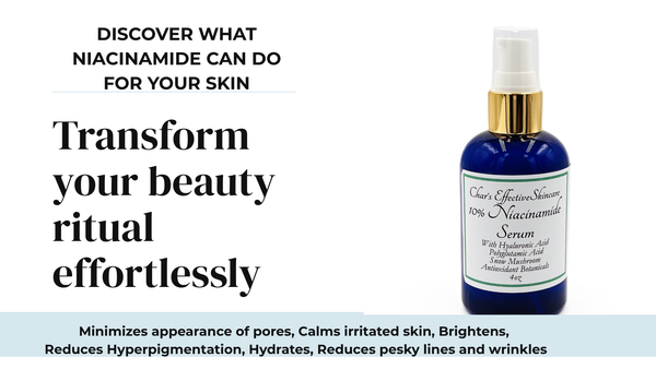 Serum bottle with text about niacinamide benefits on a white background
