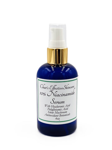 Hyaluronic and Antioxidant Botanicals/For All skin types, Anti-aging, Shrinking Pores/4oz Blue Bottle with gold and white Treatment Pump/Char's Effective Skin Care