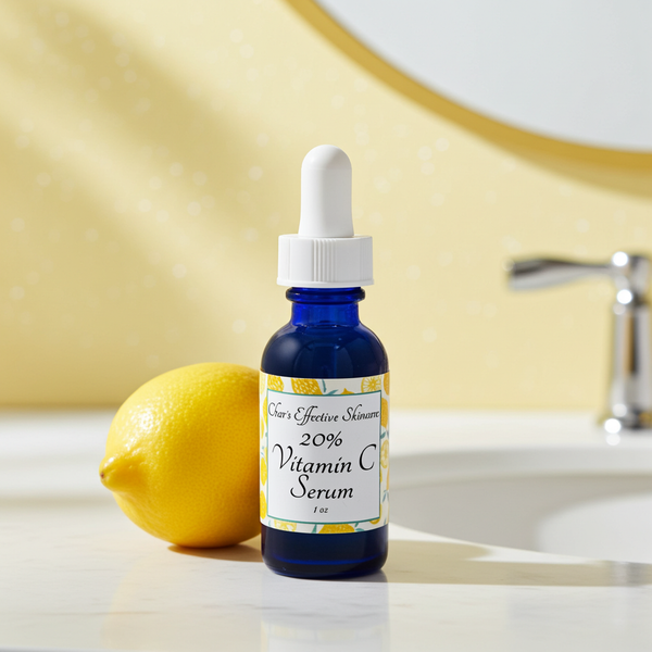 Bottle of 20% Vitamin C Serum next to a lemon on a bathroom counter.