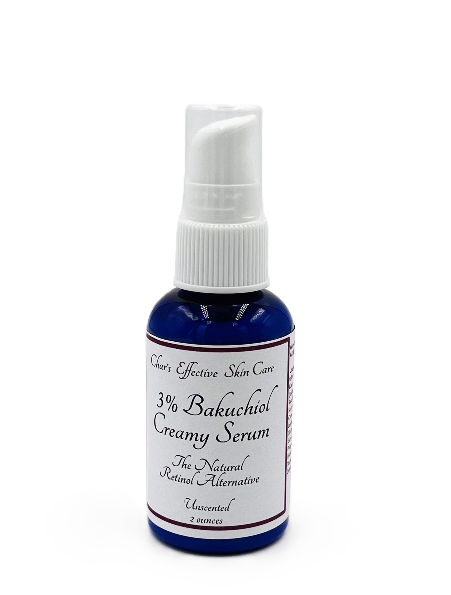 Creamy Bakuchiol Serum the Natural Retinol Alternative(3%)/UNSCENTED option/with Niacinamide,Centella Asiatica and White Tea Extracts/All Skin Types/ Blue 2 ounce bottle with treatment pump/Char's Effective Skin Care
