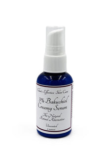 Creamy Bakuchiol Serum the Natural Retinol Alternative(3%)/UNSCENTED option/with Niacinamide,Centella Asiatica and White Tea Extracts/All Skin Types/ Blue 2 ounce bottle with treatment pump/Char's Effective Skin Care