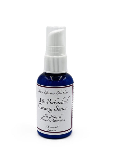 Creamy Bakuchiol Serum the Natural Retinol Alternative(3%)/UNSCENTED option/with Niacinamide,Centella Asiatica and White Tea Extracts/All Skin Types/ Blue 2 ounce bottle with treatment pump/Char's Effective Skin Care