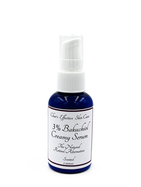 Creamy Bakuchiol Serum the Natural Retinol Alternative(3%)/Scented Option/with Niacinamide,Centella Asiatica and White Tea Extracts/All Skin Types/ Blue 2 ounce bottle with treatment pump/Char's Effective Skin Care