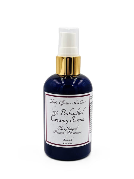 3% Creamy Bakuchiol Serum (scented Option)/4oz Eco Size/The Natural Retinol Alternative/4oz Blue Bottle with White Treatment Pump top/Char's Effective Skincare
