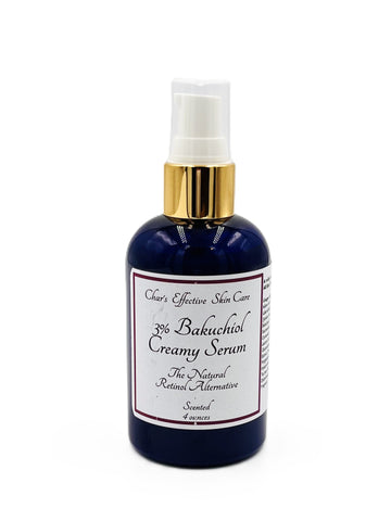 3% Creamy Bakuchiol Serum (scented Option)/4oz Eco Size/The Natural Retinol Alternative/4oz Blue Bottle with White Treatment Pump top/Char's Effective Skincare