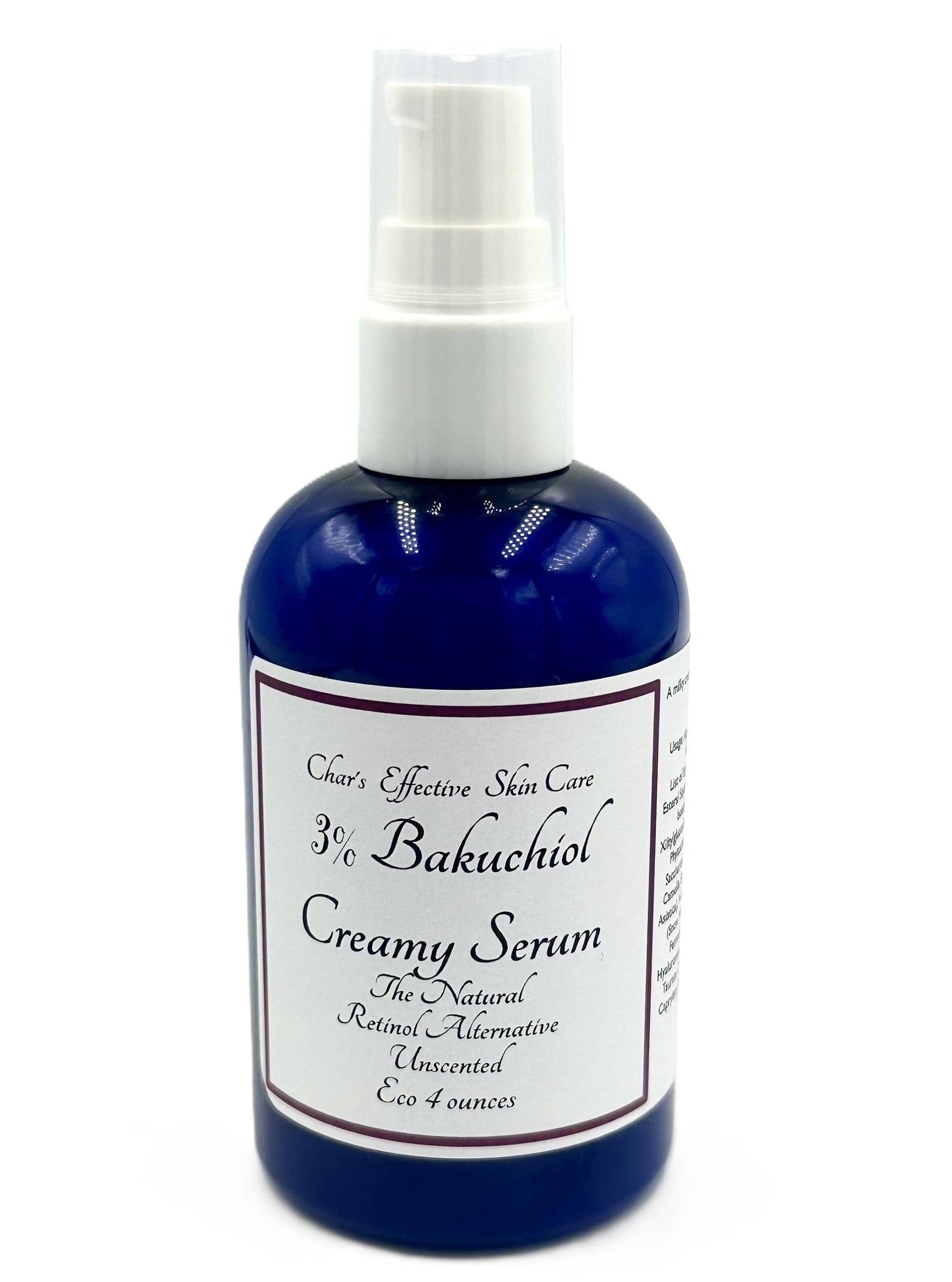 3% Creamy Bakuchiol Serum (Unscented Option)/4oz Eco Size/The Natural Retinol Alternative/4oz Blue Bottle with White Treatment Pump top/Char's Effective Skincare