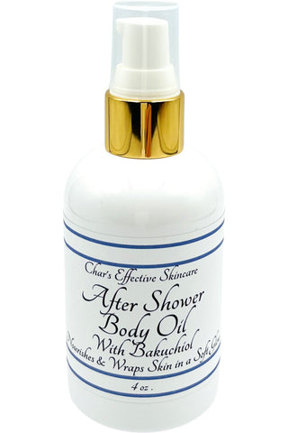 After Shower Body Oil with Bakuchiol/White 4 oz botlle with gold and white treatment pump/ Luxurious oils Nourishes dry skin/Char's Effective Skincare