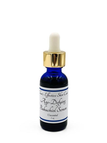 Age Defying Bakuchiol Serum for normal to dry skin / with L22, Vitamin C, CoQ10, Buriti Oil/Unscented Option/ 1 oz blue glass bottle with gold and white top dropper/ skin nourishing/Char's Effective Skin Care