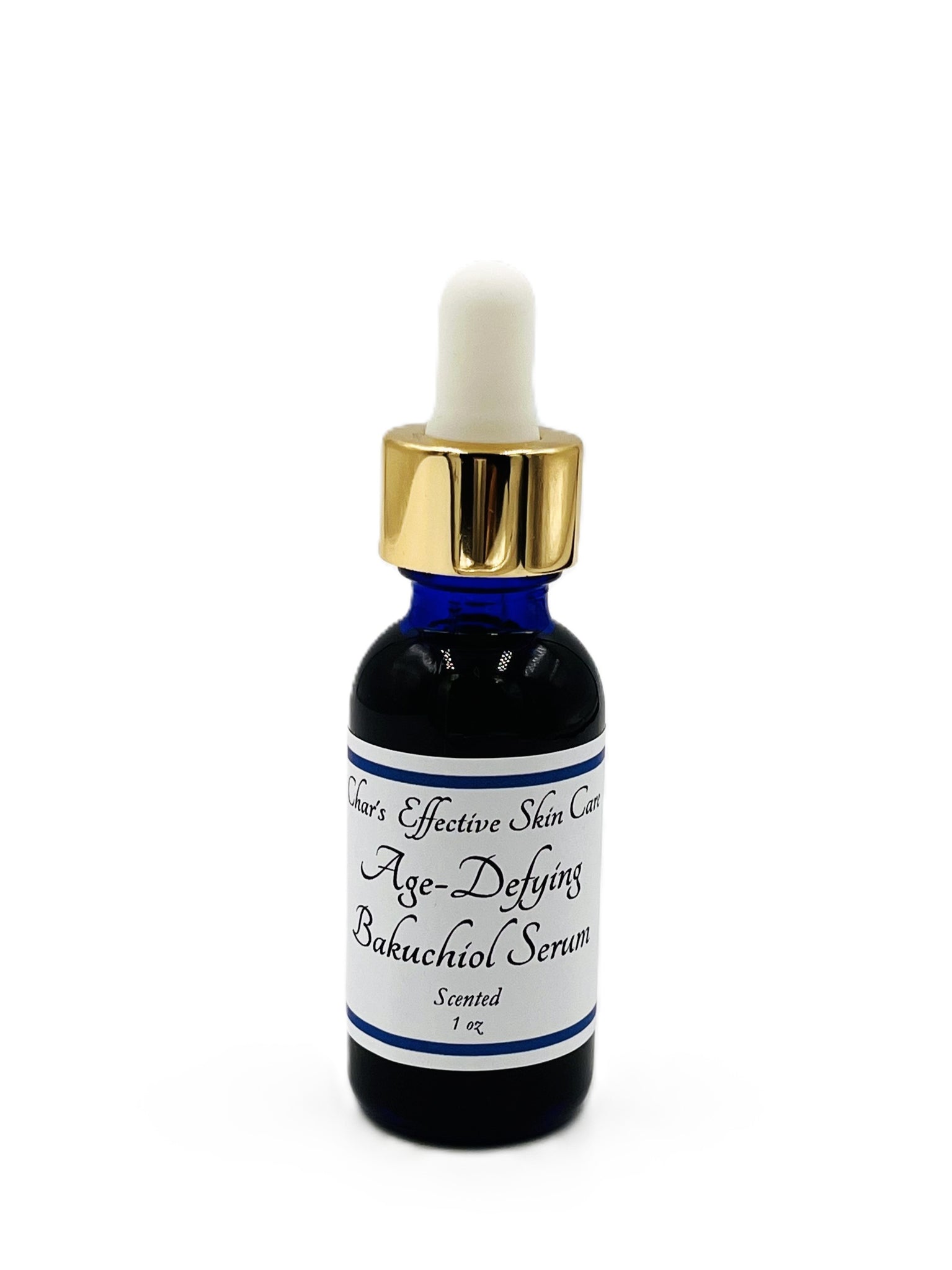 Age Defying Bakuchiol Serum for normal to dry skin / with L22, Vitamin C, CoQ10, Buriti Oil/scented Option/ 1 oz blue glass bottle with gold and white top dropper/ skin nourishing/Char's Effective Skin Care
