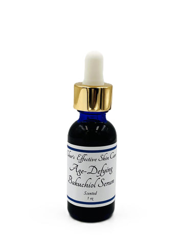 Age Defying Bakuchiol Serum for normal to dry skin / with L22, Vitamin C, CoQ10, Buriti Oil/scented Option/ 1 oz blue glass bottle with gold and white top dropper/ skin nourishing/Char's Effective Skin Care