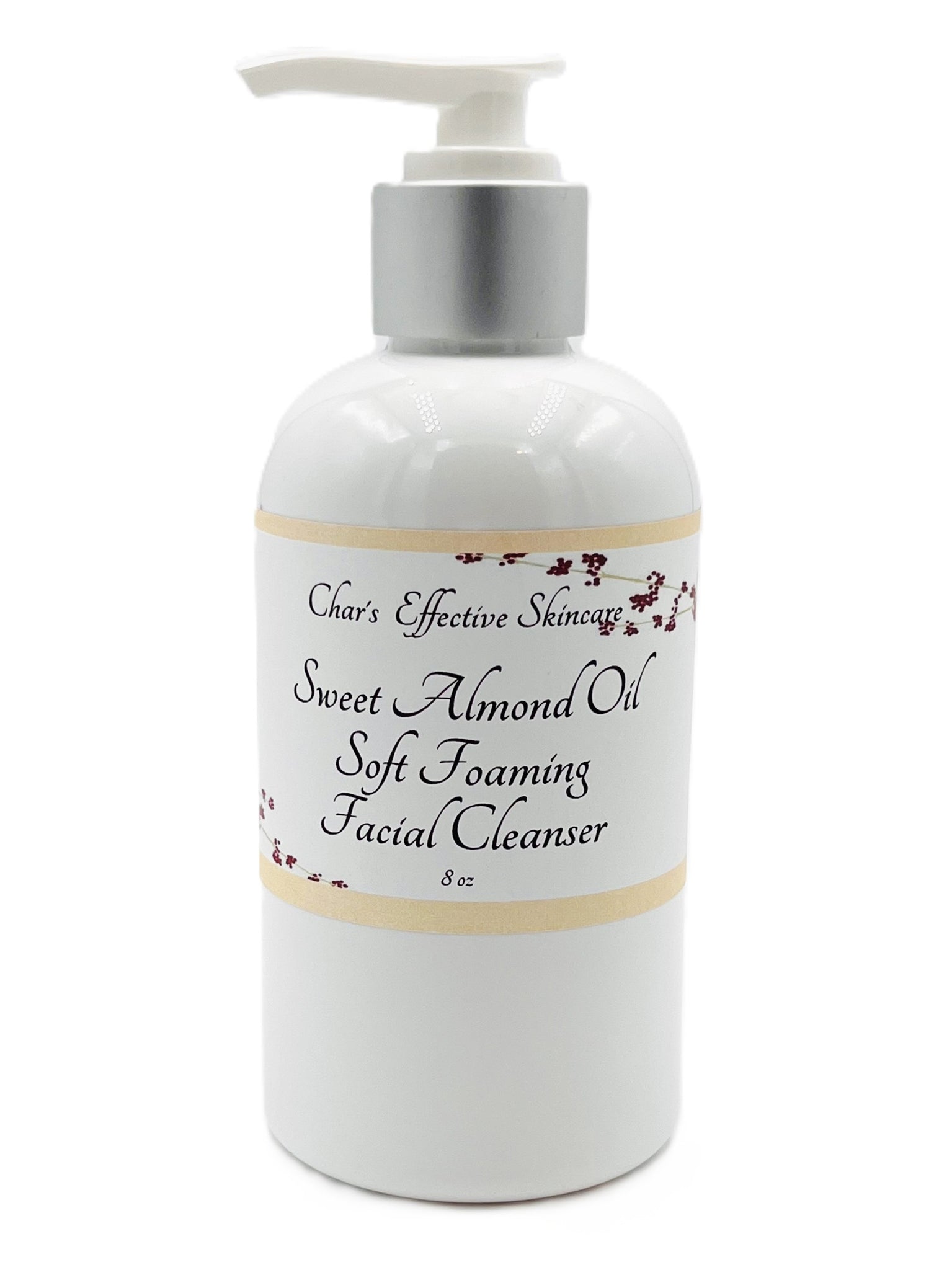 Sweet Almond Oil Soft Foaming Facial Cleanser/ Gently and Thoroughly Cleanses without irritation/8 ounce white bottle with silver pump top/Char's Effective Skincare