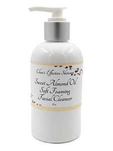 Sweet Almond Oil Soft Foaming Facial Cleanser/ Gently and Thoroughly Cleanses without irritation/8 ounce white bottle with silver pump top/Char's Effective Skincare
