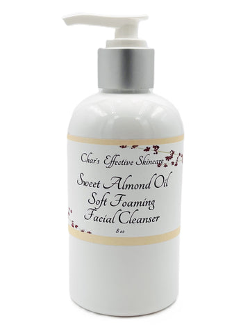 Sweet Almond Oil Soft Foaming Facial Cleanser/ Gently and Thoroughly Cleanses without irritation/8 ounce white bottle with silver pump top/Char's Effective Skincare