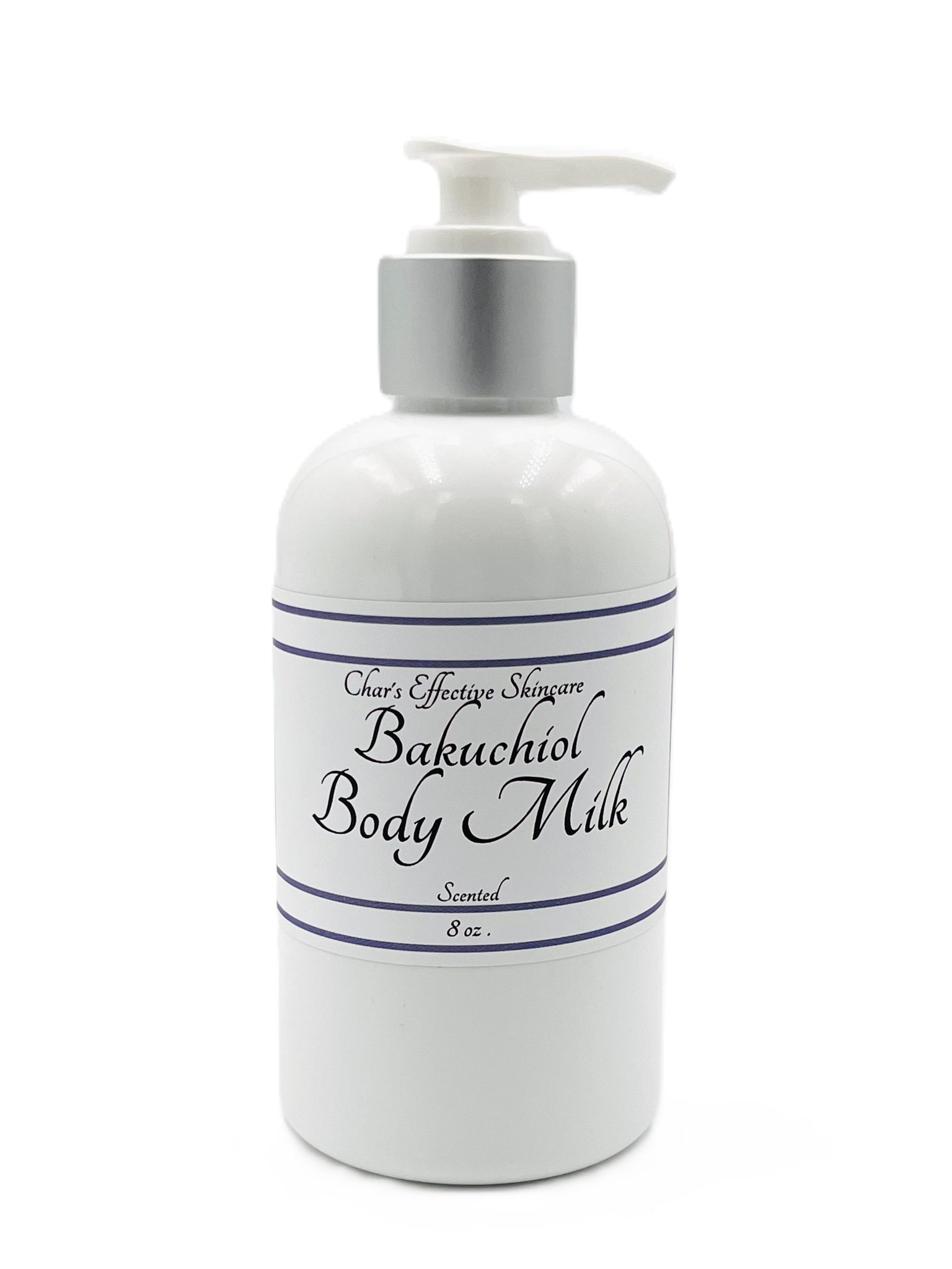 Bakuchiol Rich Body Milk/scented 8oz White Bottle with white and silver treatment pump top/luxurious moisturizer for Body with a lightweight feel/Char's Effectives Skincare