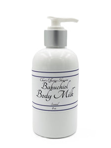 Bakuchiol Rich Body Milk/scented 8oz White Bottle with white and silver treatment pump top/luxurious moisturizer for Body with a lightweight feel/Char's Effectives Skincare