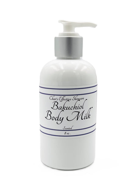 Bakuchiol Rich Body Milk/scented 8oz White Bottle with white and silver treatment pump top/luxurious moisturizer for Body with a lightweight feel/Char's Effectives Skincare