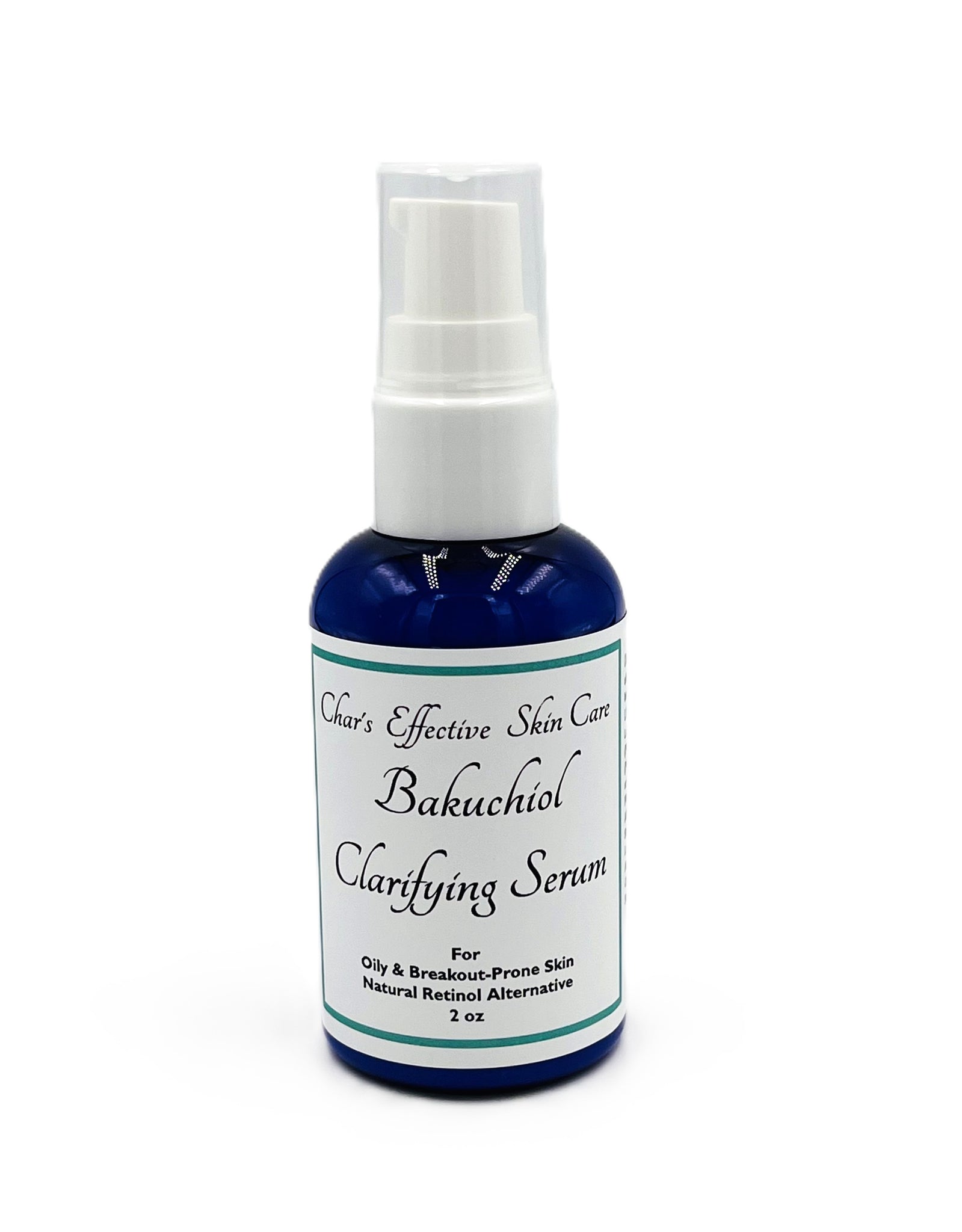 Clarifying Bakuchiol Serum Oily, Acne and Problem Skin/Natural Alternative to Retinol/ With White Willow, Meadowsweet and Green Tea/ 2oz Blue Bottle with White Treatment Pump/Char's Effective Skin Care