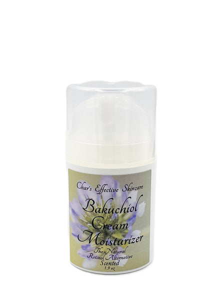 Bakuchiol Cream The Natural Retinol Alternative (3%)/scented Also Includes Ceramides, Botanicals, Hyaluronic Acid, Matrixyl 3000 & much more/2 oz white airless pump bottle with floral label/Char's Effective Skin Care