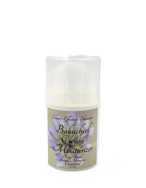Bakuchiol Cream The Natural Retinol Alternative (3%)/unscented Also Includes Ceramides, Botanicals, Hyaluronic Acid, Matrixyl 3000 & much more/2 oz white airless pump bottle with floral label/Char's Effective Skin Care