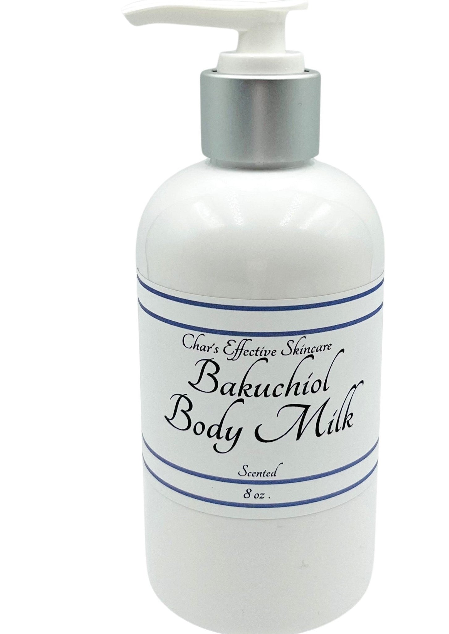 Bakuchiol Rich Body Milk/ 8oz White Bottle with white and silver treatment pump top/luxurious moisturizer for Body with a lightweight feel/Char's Effectives Skincare
