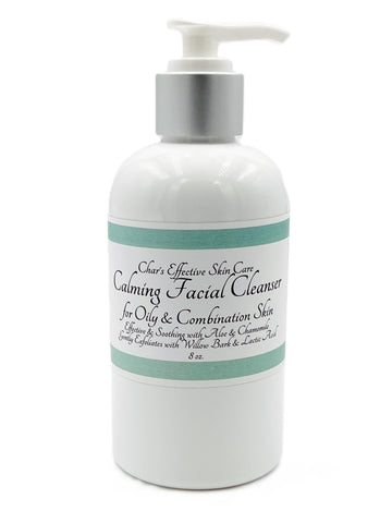 Calming Facial Cleanser for Oily and Combination Skin/ With Aloe, Chamomile, Willow Bark and Lactic Acid/ In 8 ounce white bottle with silver pump/Char's Effective Skincare