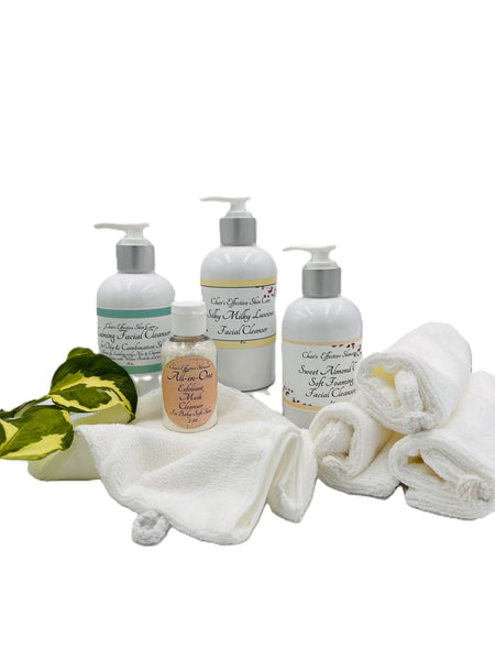 Our Facial Cleansers including bottles, a jar, with our Euro-Style Cleaning Mitts on a white background