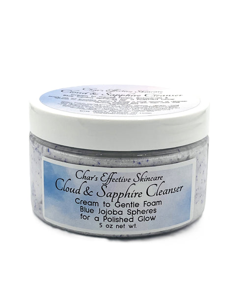 A 5 oz jar of Char's Effective Skincare Cloud & Sapphire Cleanser, featuring a white lid and a blue-and-white label, set against a plain white background.