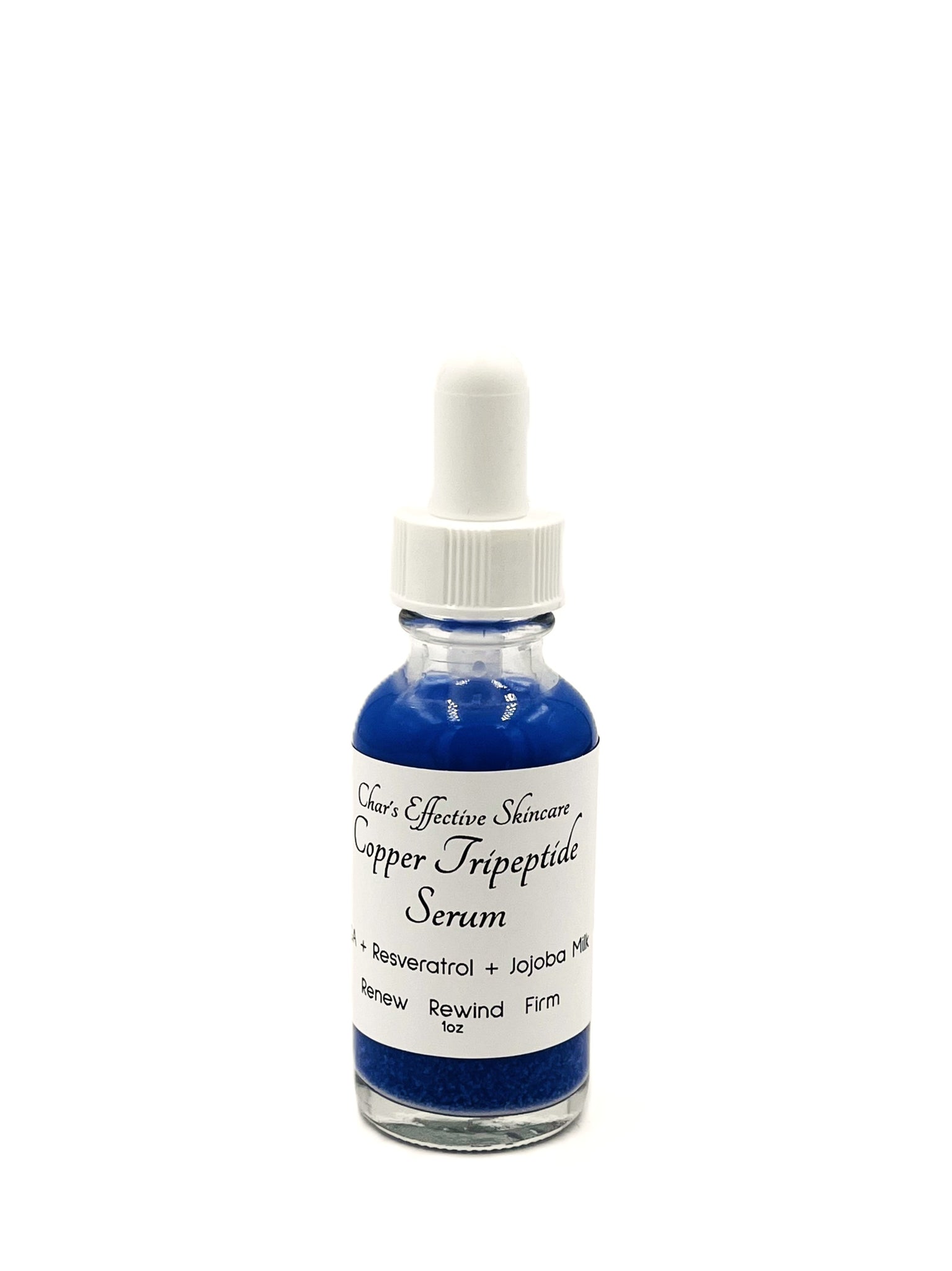 Copper Tripeptide Serum + Resveratrol/ 1oz Clear Bottle with white dropper/Copper is naturally a Pretty blue/Firms skin/Promotes Collagen and Elastin/Reduces Appearance of Scars/Char's Effectives