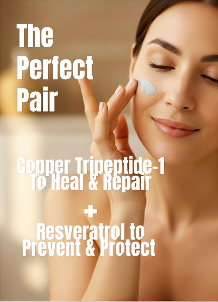 Woman applying serum to her face with large white text overlay reading 'The Perfect Pair' and 'Copper Tripeptide-1 To Heal & Repair + Resveratrol to Prevent & Protect'.