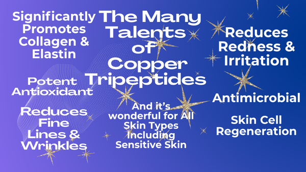 Promotional graphic about the benefits of copper tripeptides on skin with text and star graphics on a blue background.