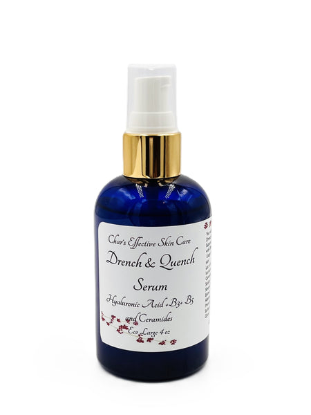 Drench and Quench Hyaluronic Serum + B3+B5+Ceramides/Rejuvenating and Hydrating/For All Skin Types/Oil-Free Hydration/Additional Antioxidant Botanicals/4 oz Blue bottle with Gold and White Treatment Pump/ Char's Effective Skin Care