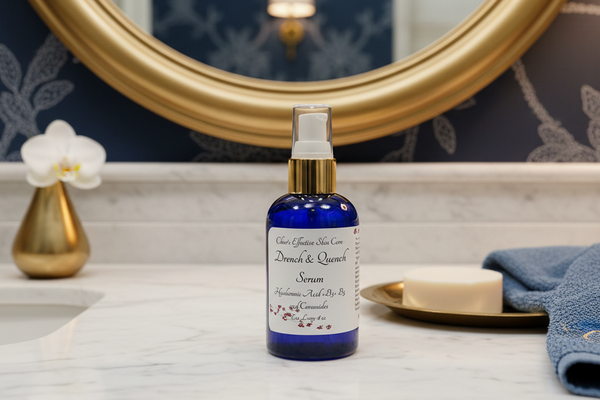 Bottle of Drench & Quench serum 4oz size on a bathroom counter with decorative elements