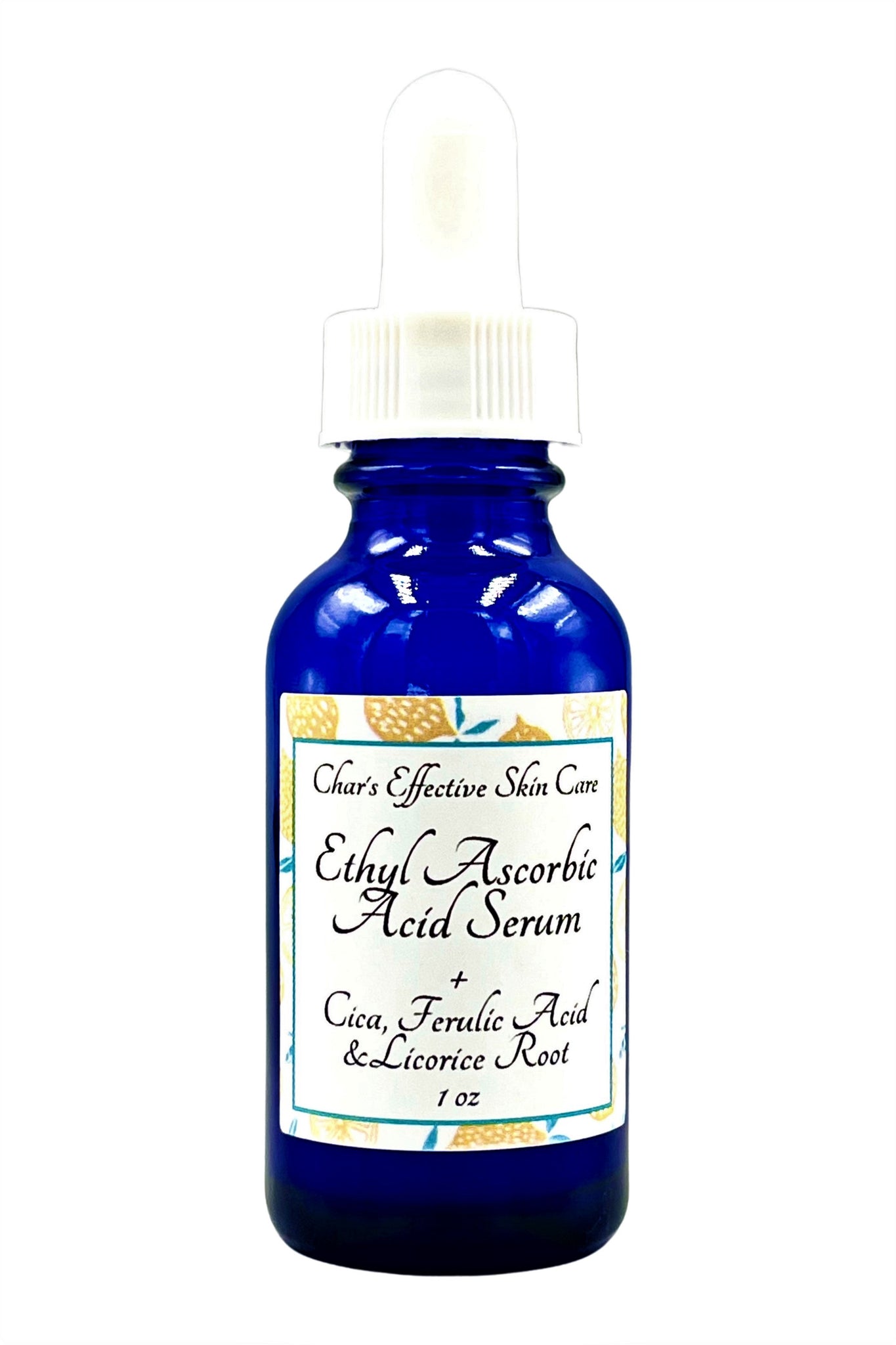 Ethyl Ascorbic Acid Serum with Cica, Ferulic Acid, and Licorice Root/ A Vitamin C Serum for ALL Skin types including Sensitive Skin/ Dark Blue 1 ounce Glass Bottle with White Dropper/ Char's Effectives Skin Care