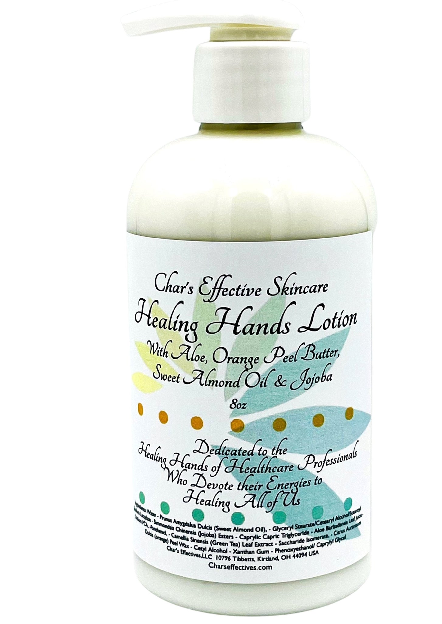 Healing Hands Lotion/with jojoba, sweet almond oil , aloe, and orange peel wax/ 8 oz clear bottle with lotion pump/Originally developed for healthcare workers now available to everyone/Char's Effectives