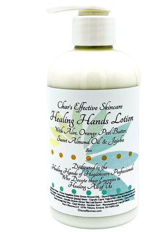 Healing Hands Lotion/with jojoba, sweet almond oil , aloe, and orange peel wax/ 8 oz clear bottle with lotion pump/Originally developed for healthcare workers now available to everyone/Char's Effectives