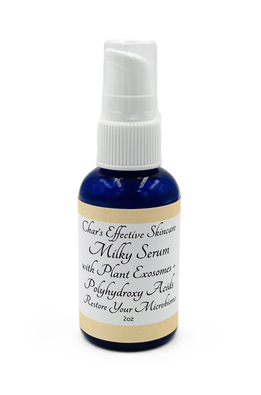 Milky Serum with Plant Exosomes and Polyhydroxy Acids/Dark Blue 2oz bottle with White Treatment Pump/Char's Effectives Skincare
