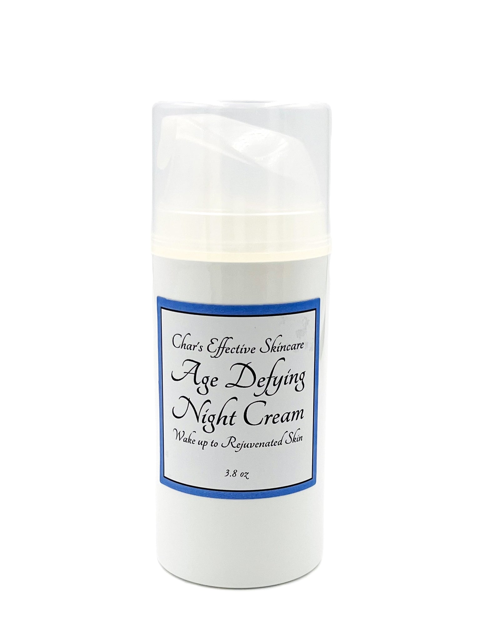 Age-Defying Night Cream/ With Pomegranate, White Tea, Centella Asiatica, Antioxidants, Ceramides & Peptides/ in White 3.8 oz Airless Pump with Clear Cap/ Char's Effective Skin Care