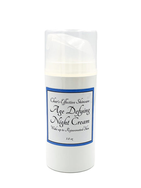 Age-Defying Night Cream/ With Pomegranate, White Tea, Centella Asiatica, Antioxidants, Ceramides & Peptides/ in White 3.8 oz Airless Pump with Clear Cap/ Char's Effective Skin Care