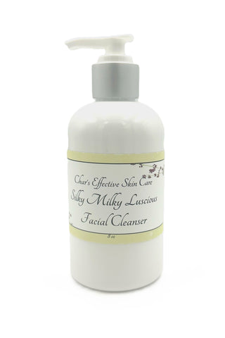 Luscious Silky Milky Facial Cleanser/ for All Skin Types/Gently and thoroughly cleanses/ White 8 ounce bottle with silver pump top/Char's Effective Skincare