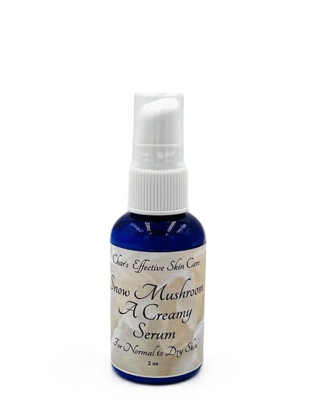Snow Mushroom Creamy Serum/ Superior Hydration withL22®, Hyaluronic and Plum Seed Oil/Blue 2 oz bottle with White Treatment Pump/Char's Effectives