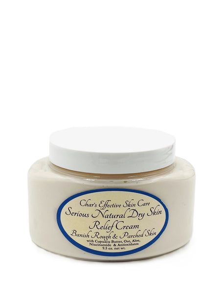 Natural Dry Skin Cream for Serious Relief with Oat, Aloe, Almond & Cupuacu Butter/ Clear 9.5 oz Low profile jar/Substantial Cream/Vegan/Char's Effective Skin Care
