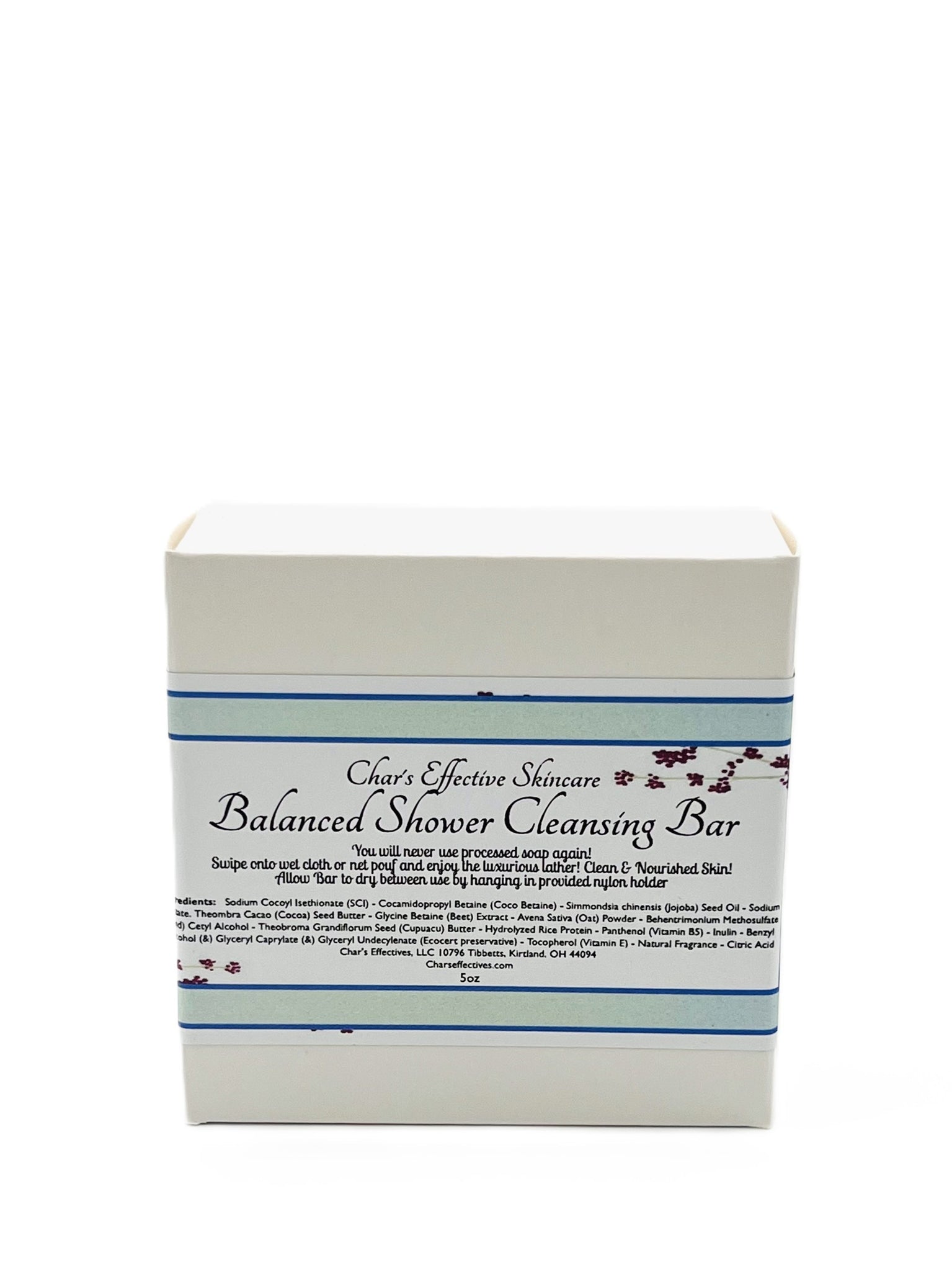 Balanced Cleanser Bar for the Shower/Gentle,Emollient, Velvety Foam/No SLS/Oat Protein ,Jojoba, Marula Oils/White Box /4.5 oz/Char's Effective Skin Care